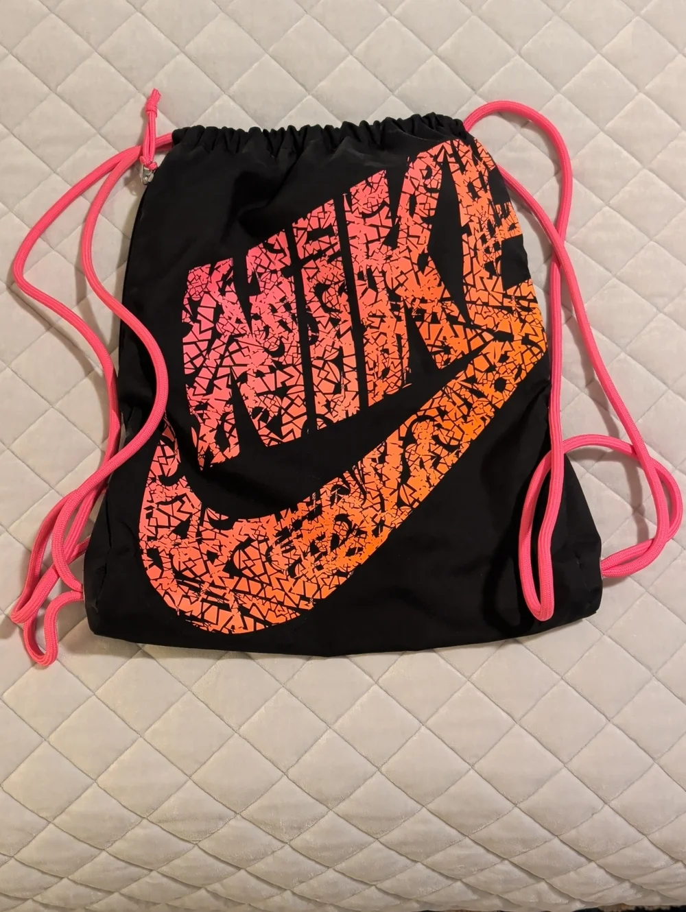 Nike Black Gym Sack with Neon Pink-to-Neon Orange Logo and Pink Cords